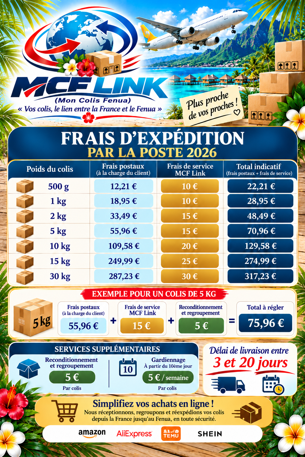 Visuel MCF Link présentant le service de réexpédition France–Fenua et les tarifs indicatifs 2026